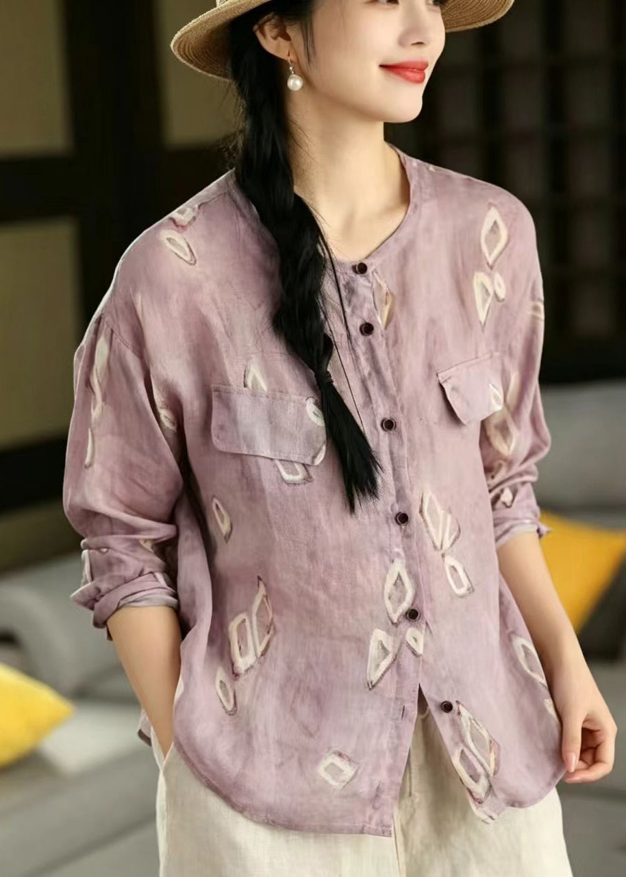 Bohemian Blue Oversized Print Linen Shirts Spring