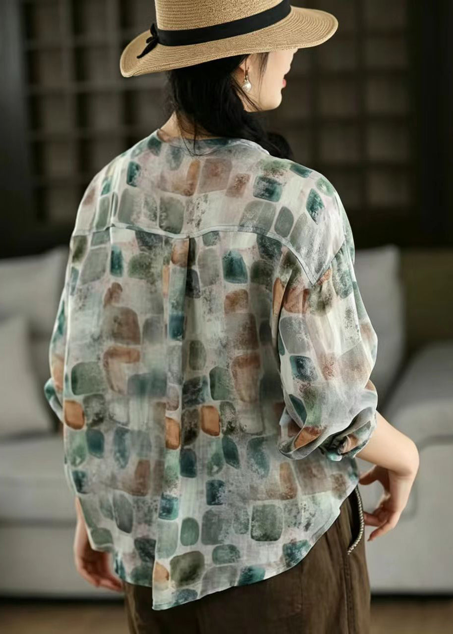 Bohemian Blue Oversized Print Linen Shirts Spring