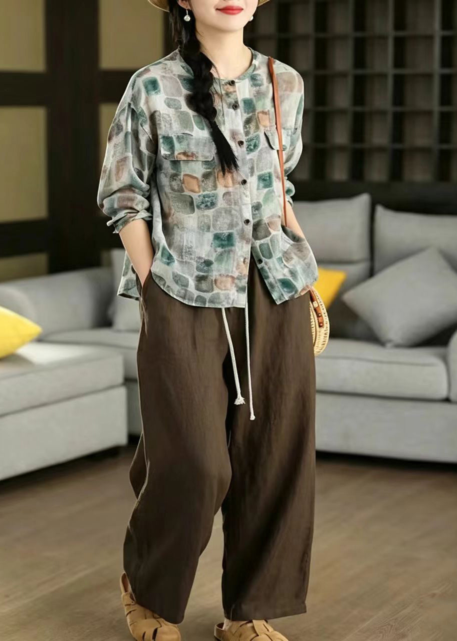 Bohemian Blue Oversized Print Linen Shirts Spring