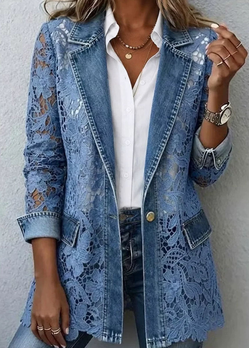 Bohemian Blue Peter Pan Collar Lace Patchwork Denim Coats Summer