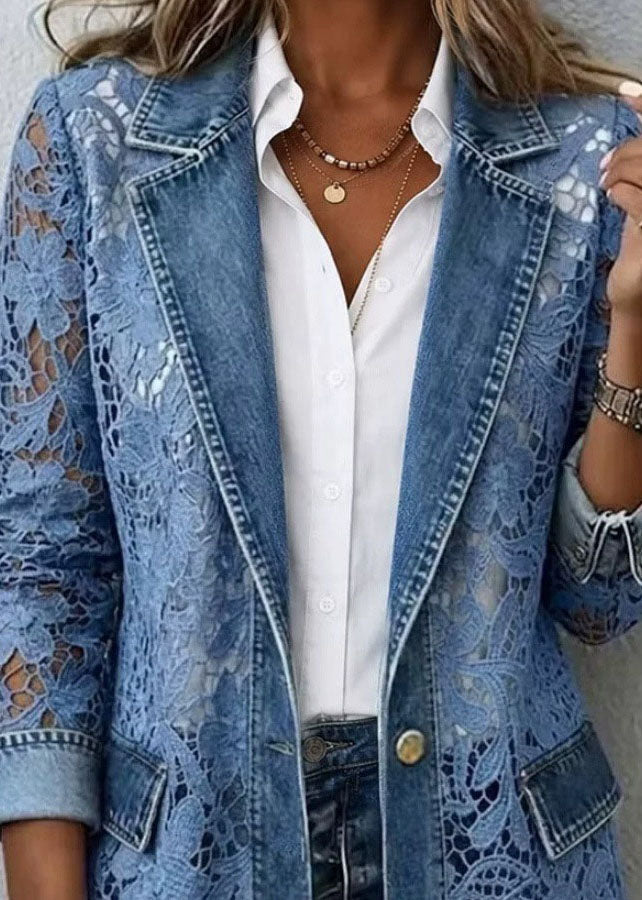Bohemian Blue Peter Pan Collar Lace Patchwork Denim Coats Summer