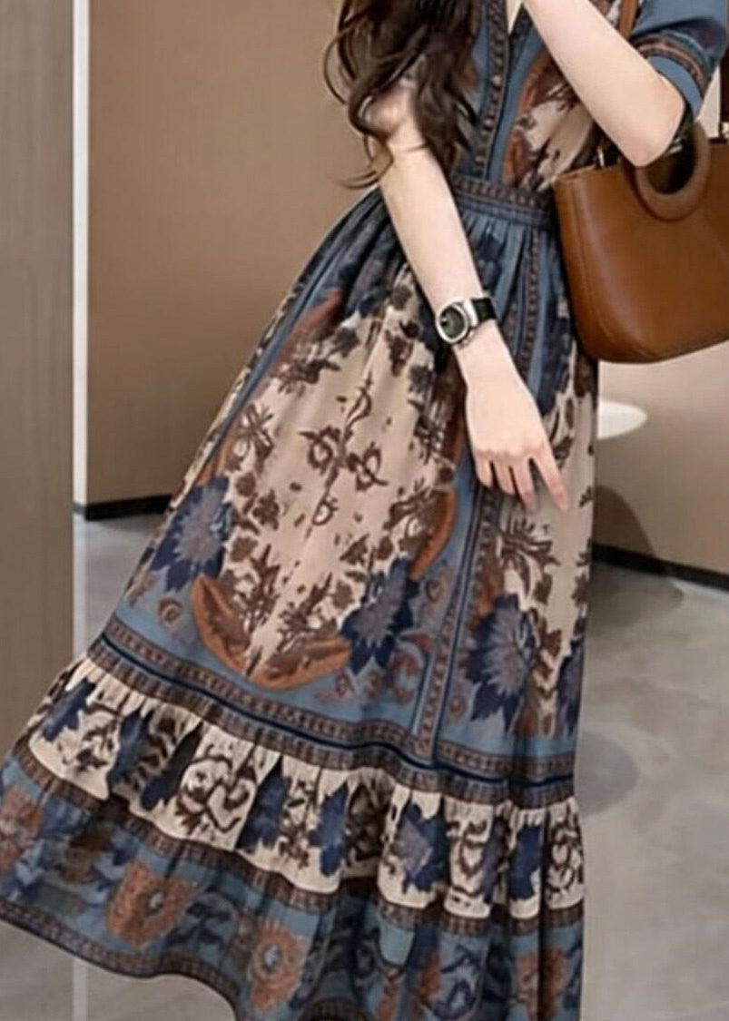Bohemian Blue Peter Pan Collar Print Maxi Dresses Short Sleeve