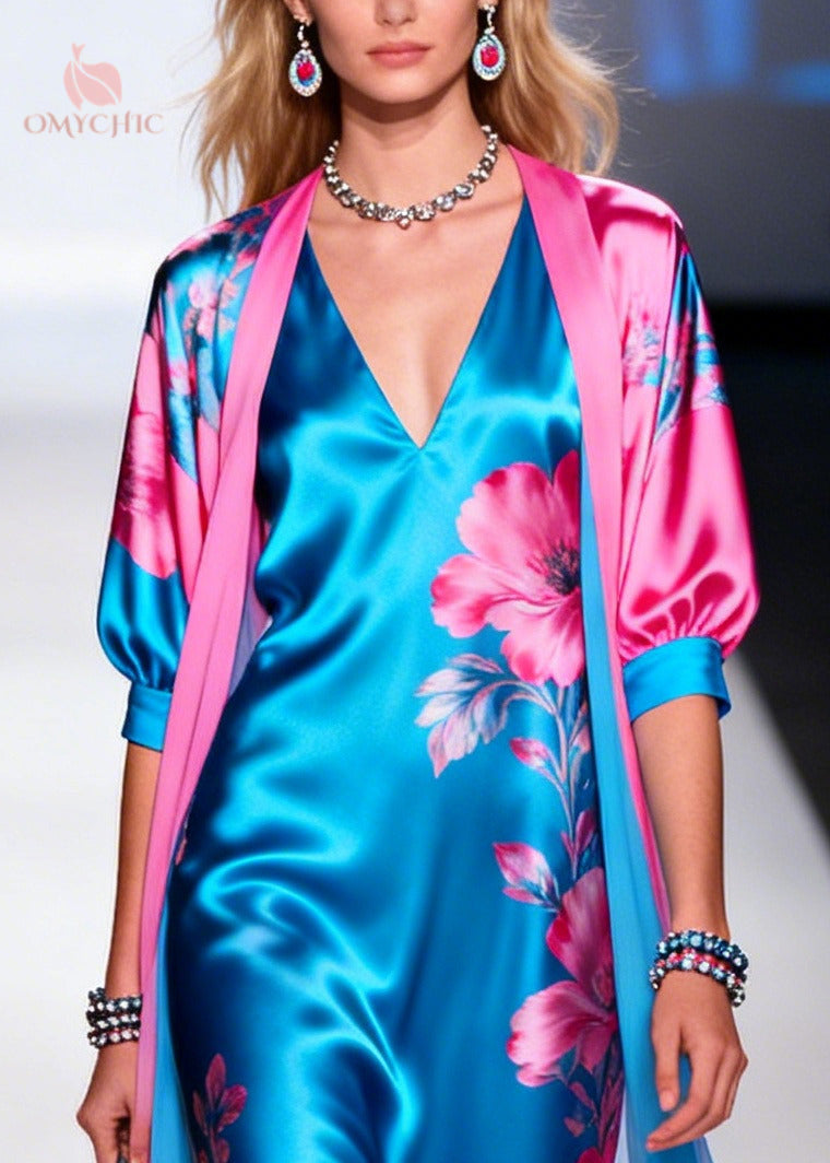 Bohemian Blue Print Draping Silk Dress And Cardigan Two Pieces Set Summer