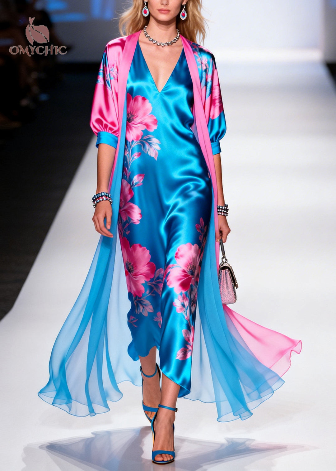 Bohemian Blue Print Draping Silk Dress And Cardigan Two Pieces Set Summer