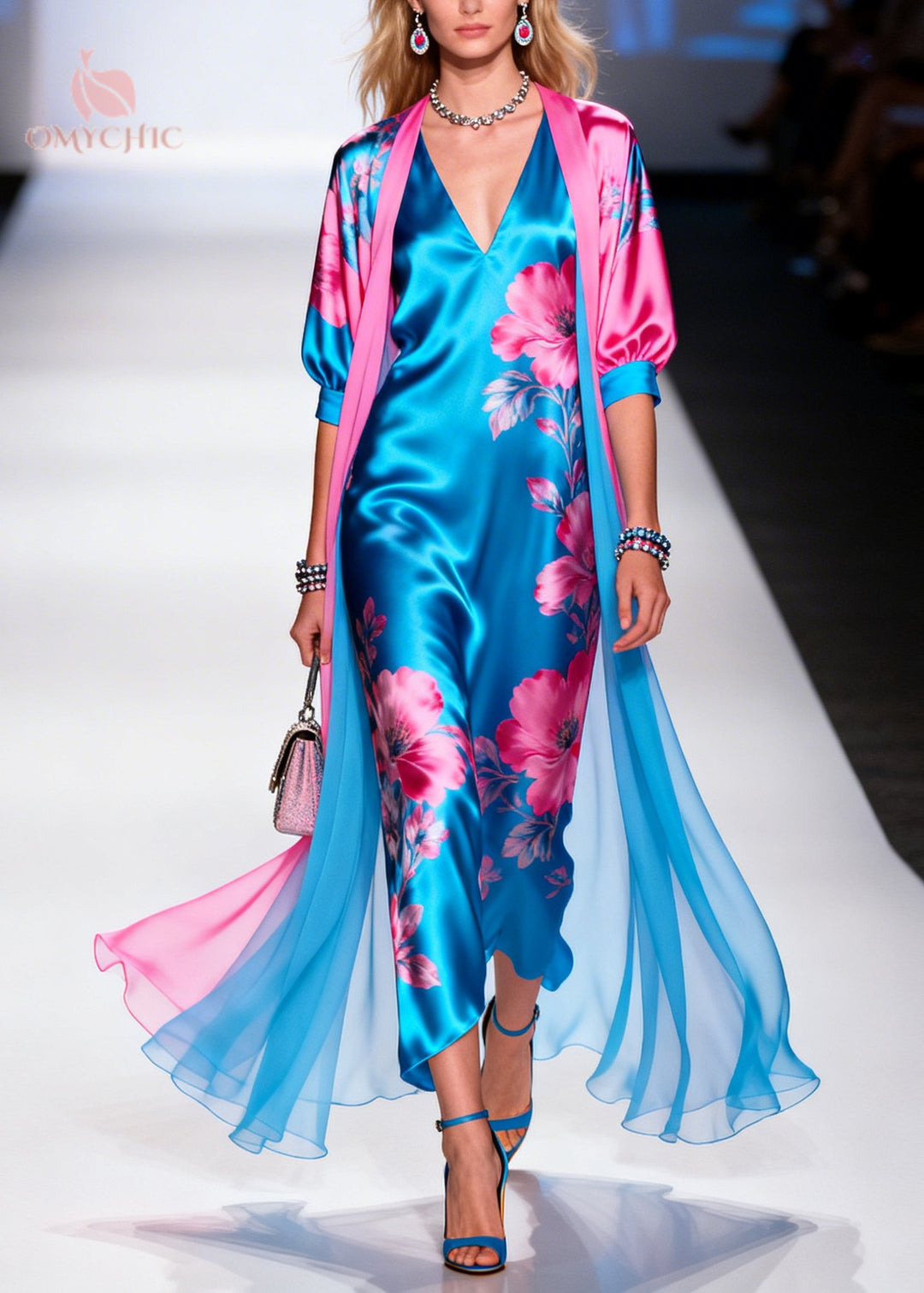 Bohemian Blue Print Draping Silk Dress And Cardigan Two Pieces Set Summer