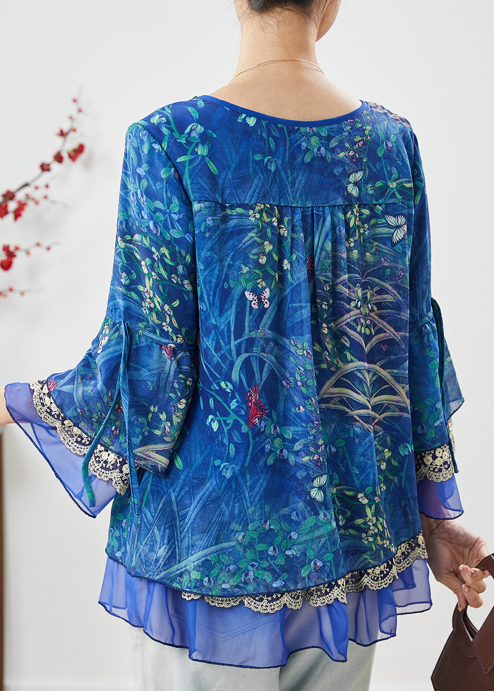 Bohemian Blue Print Patchwork Chiffon Shirt Spring