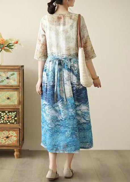 Bohemian Blue Print Patchwork Tunic Dresses Summer