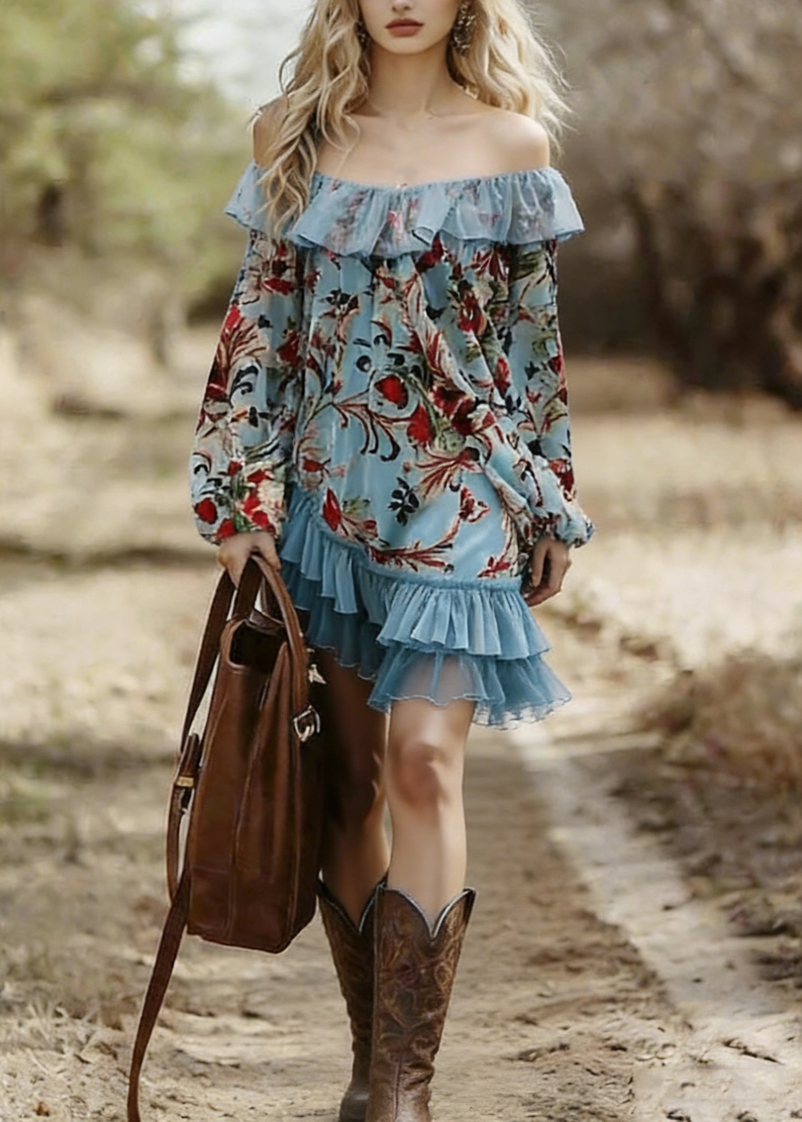 Bohemian Blue Slash Neck Print Wrinkled Patchwork Mid Dress Spring - Omychic