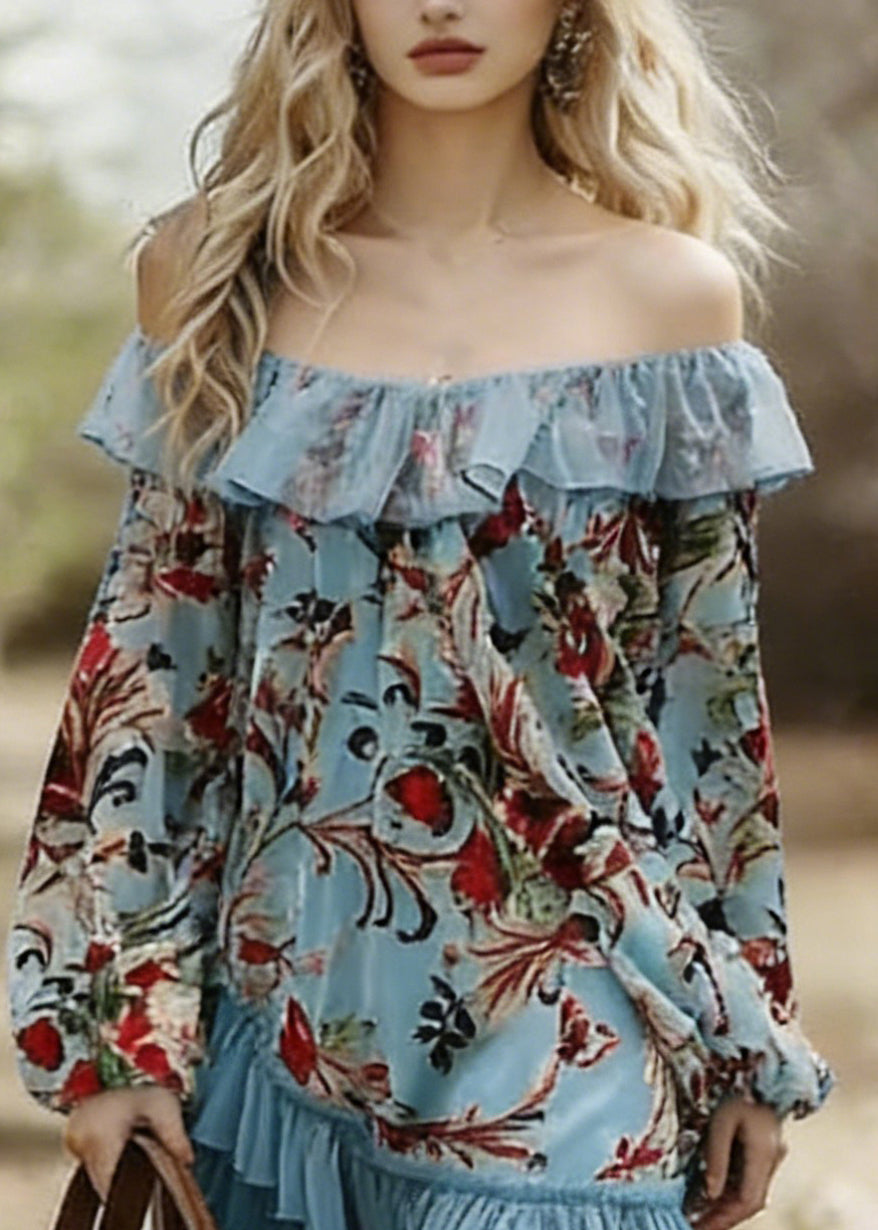 Bohemian Blue Slash Neck Print Wrinkled Patchwork Mid Dress Spring - Omychic