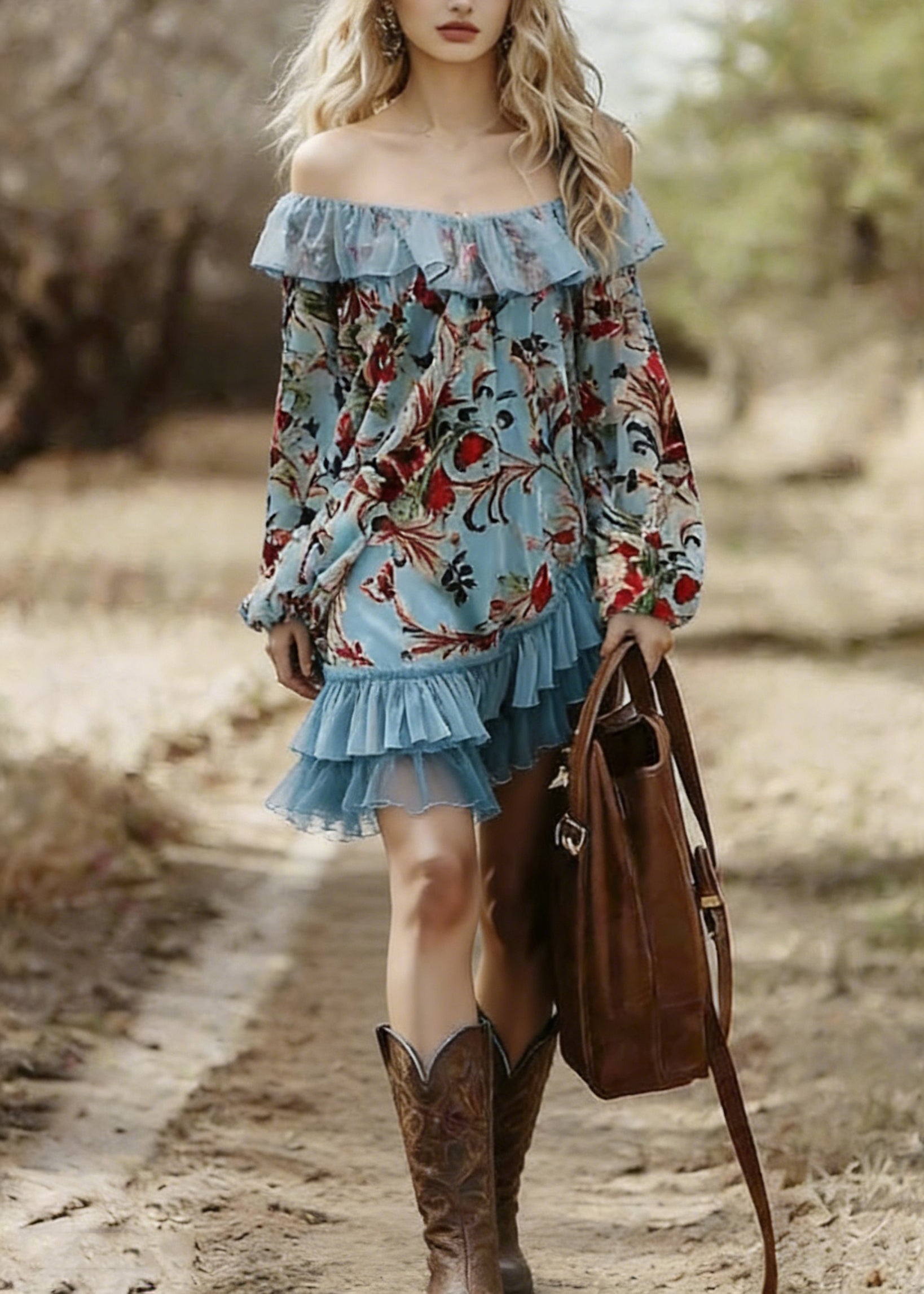 Bohemian Blue Slash Neck Print Wrinkled Patchwork Mid Dress Spring - Omychic