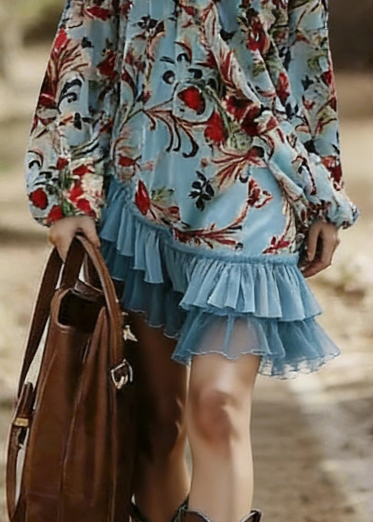 Bohemian Blue Slash Neck Print Wrinkled Patchwork Mid Dress Spring - Omychic