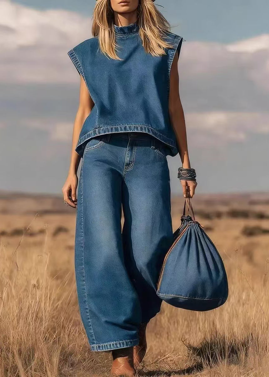 Bohemian Blue Stand Collar Oversized Denim Two Pieces Set Sleeveless