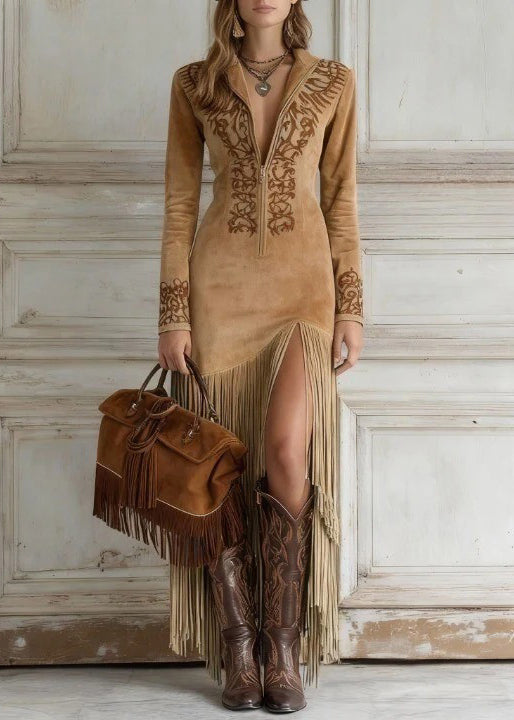 Bohemian Blue Tassel Patchwork Faux Suede Dresses Spring