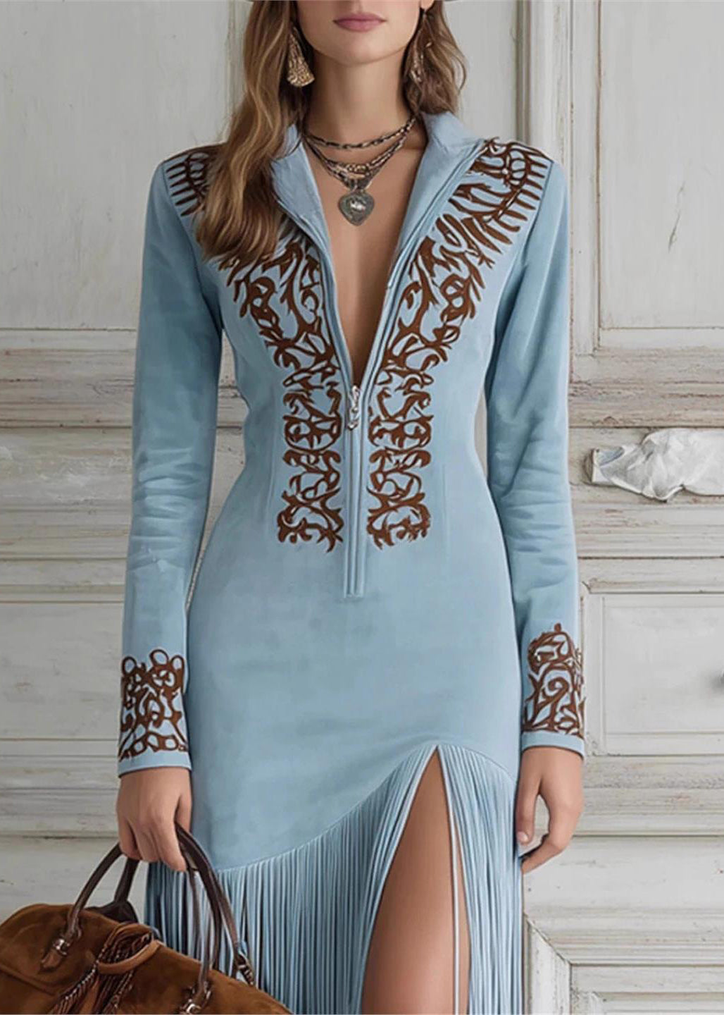 Bohemian Blue Tassel Patchwork Faux Suede Dresses Spring