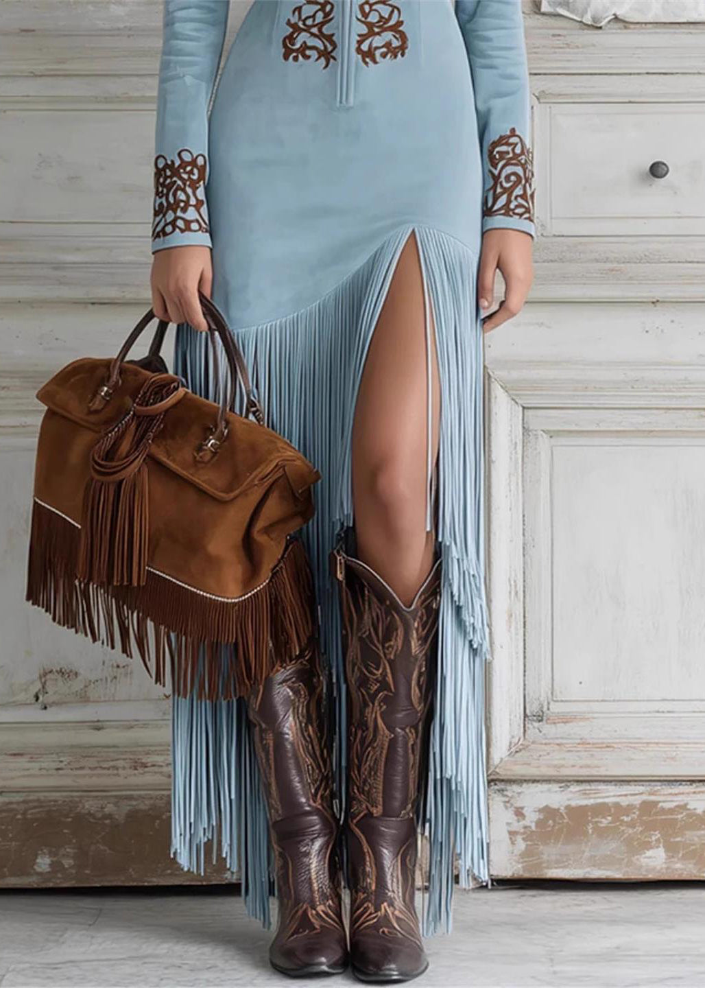 Bohemian Blue Tassel Patchwork Faux Suede Dresses Spring