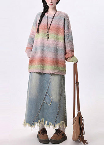 Bohemian Blue Tasseled Patchwork Rivet Denim A Line Skirt Spring
