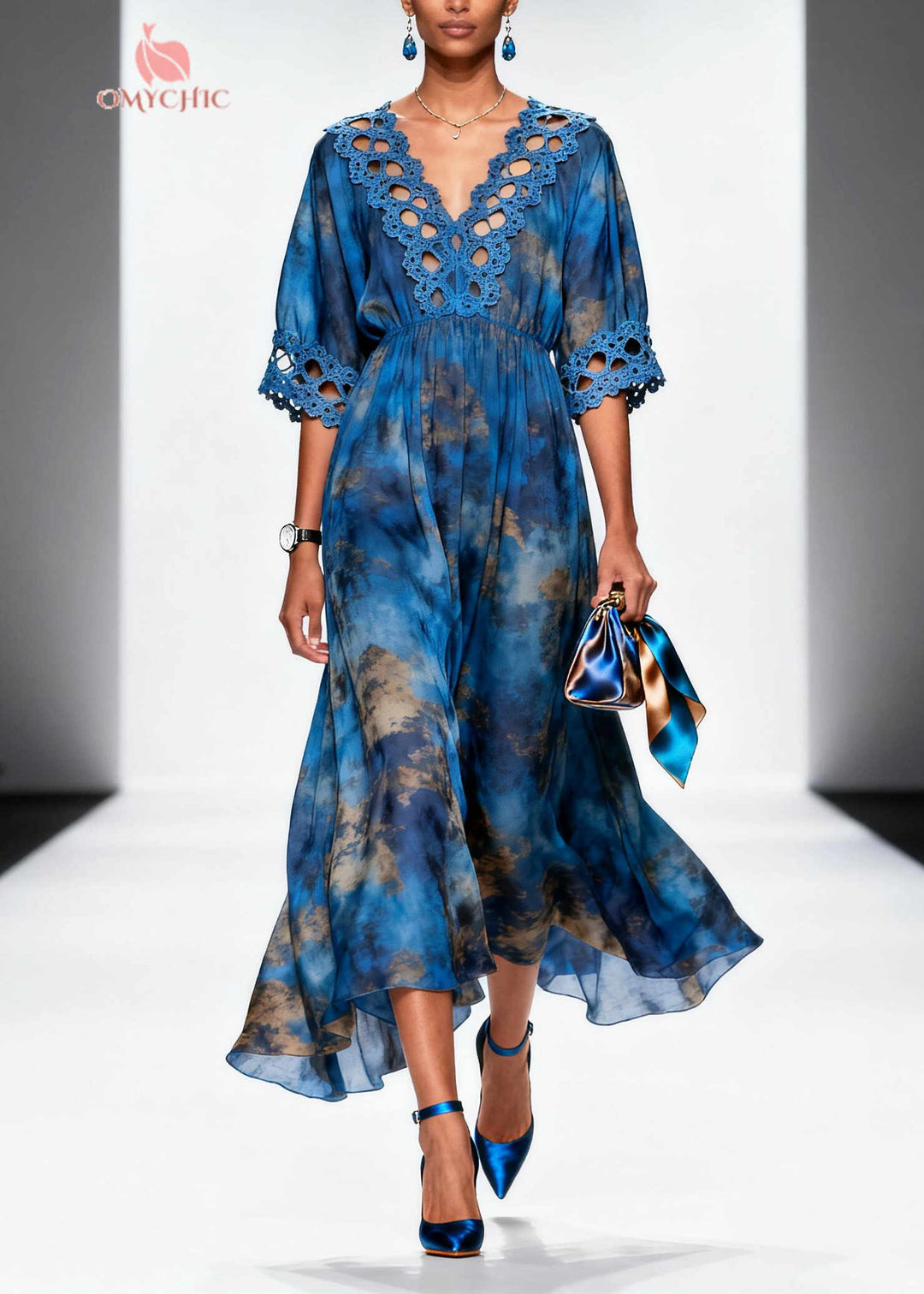 Bohemian Blue Tie Dye Patchwork Chiffon Dress Summer