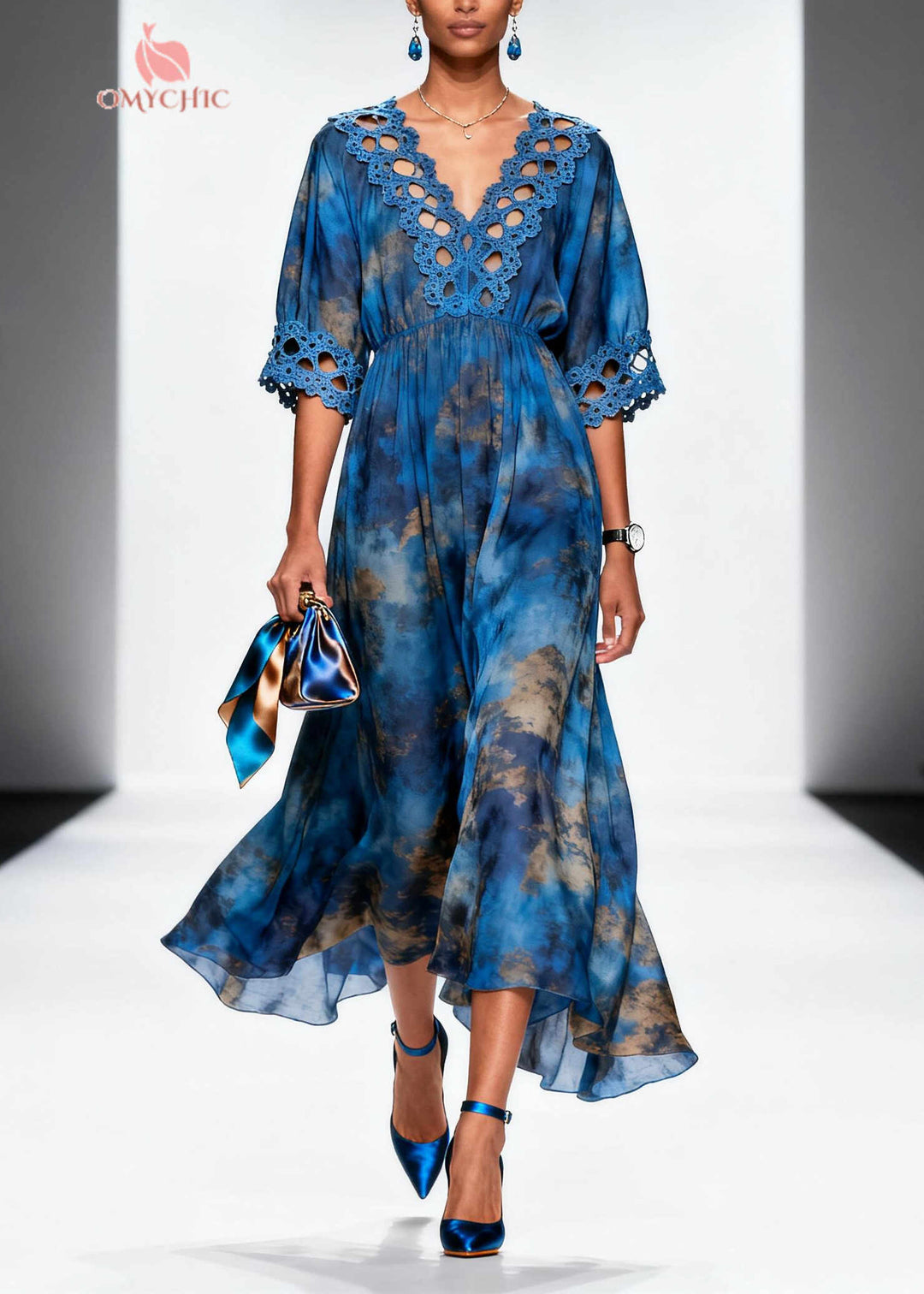 Bohemian Blue Tie Dye Patchwork Chiffon Dress Summer