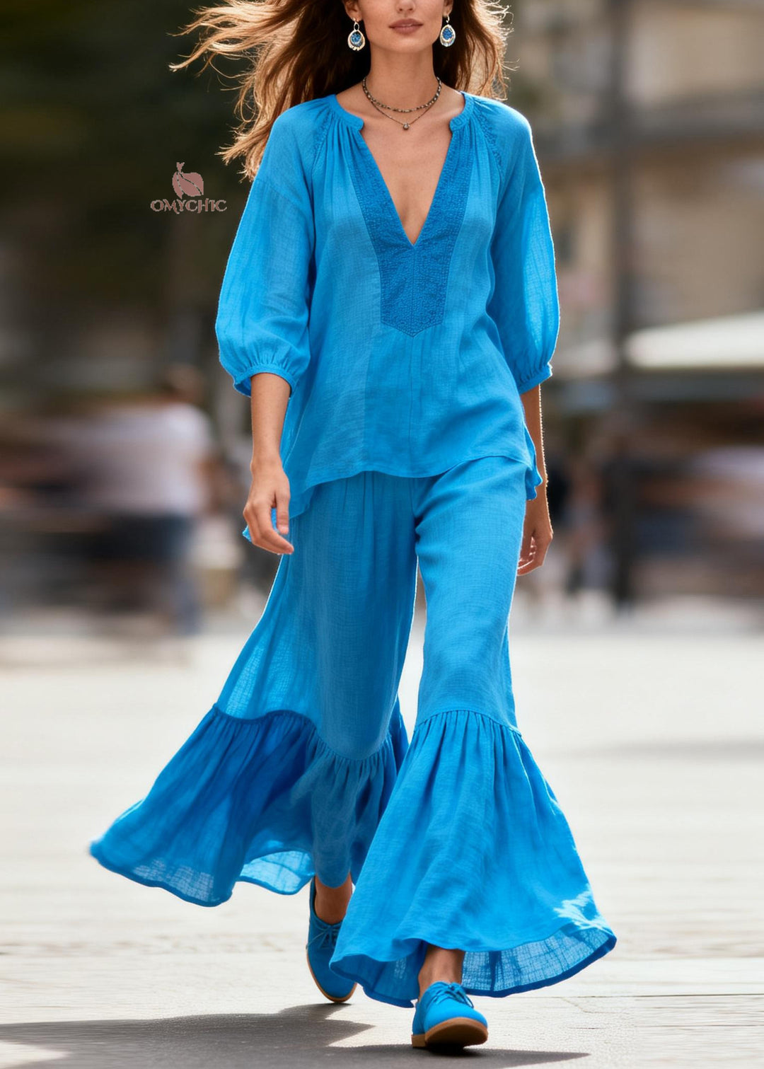 Bohemian Blue V Neck Patchwork Tops And Pants Cotton Two Pieces Set Summer