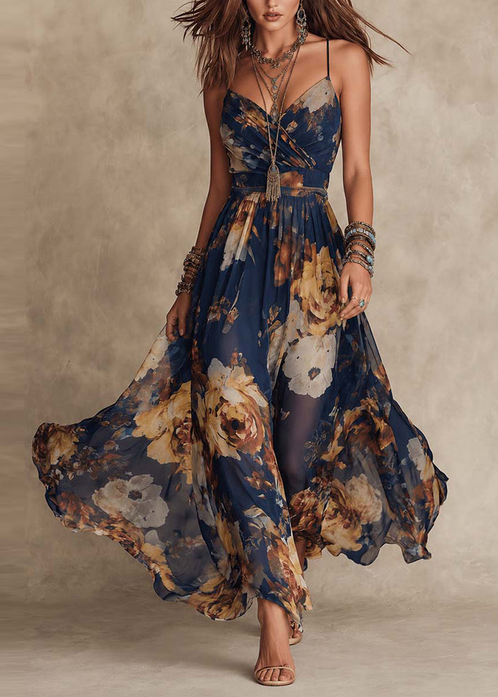 Bohemian Blue V Neck Print Chiffon Spaghetti Strap Dress Summer