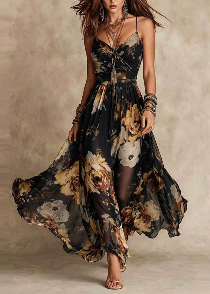 Bohemian Blue V Neck Print Chiffon Spaghetti Strap Dress Summer