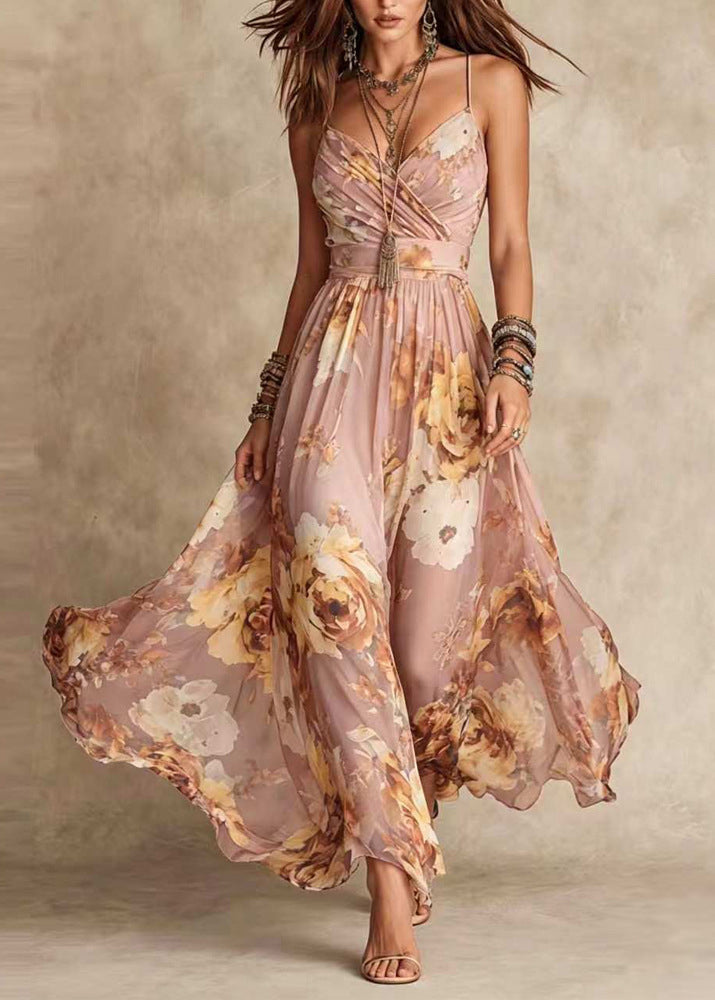 Bohemian Blue V Neck Print Chiffon Spaghetti Strap Dress Summer