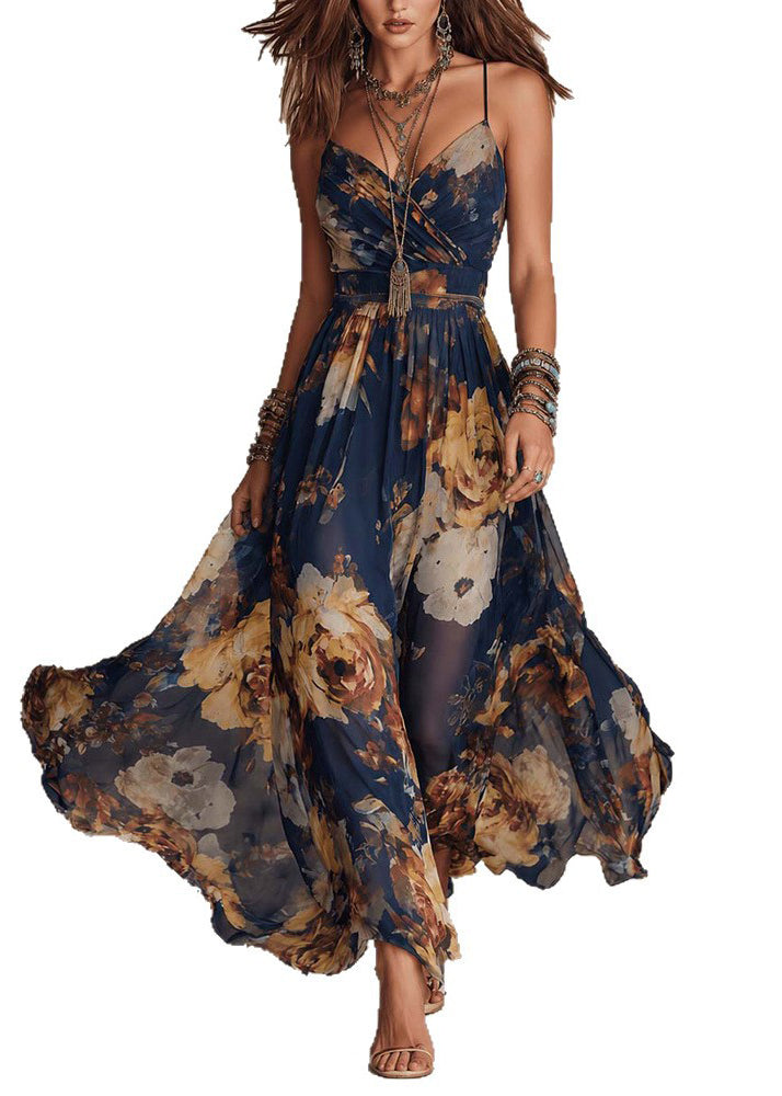 Bohemian Blue V Neck Print Chiffon Spaghetti Strap Dress Summer