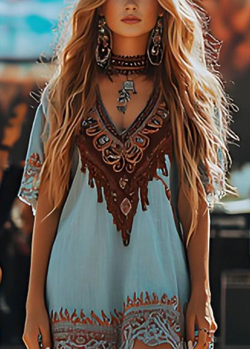 Bohemian Blue V Neck Print Cotton Mid Dresses Summer