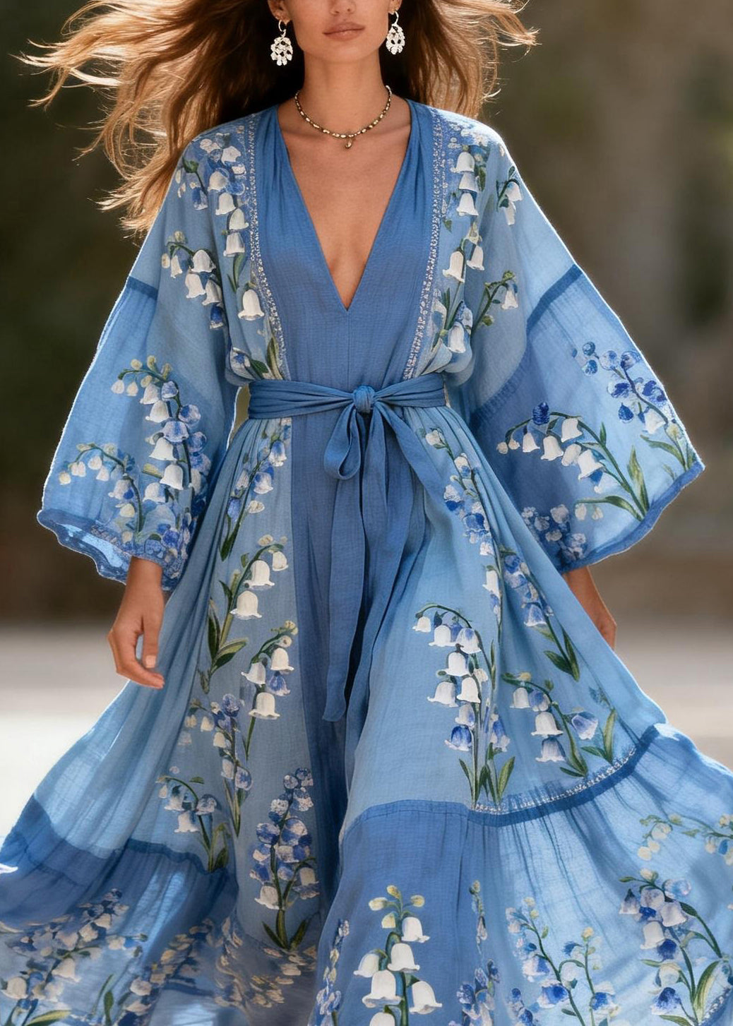 Bohemian Blue V Neck Print Patchwork Cotton Robe Dresses Summer