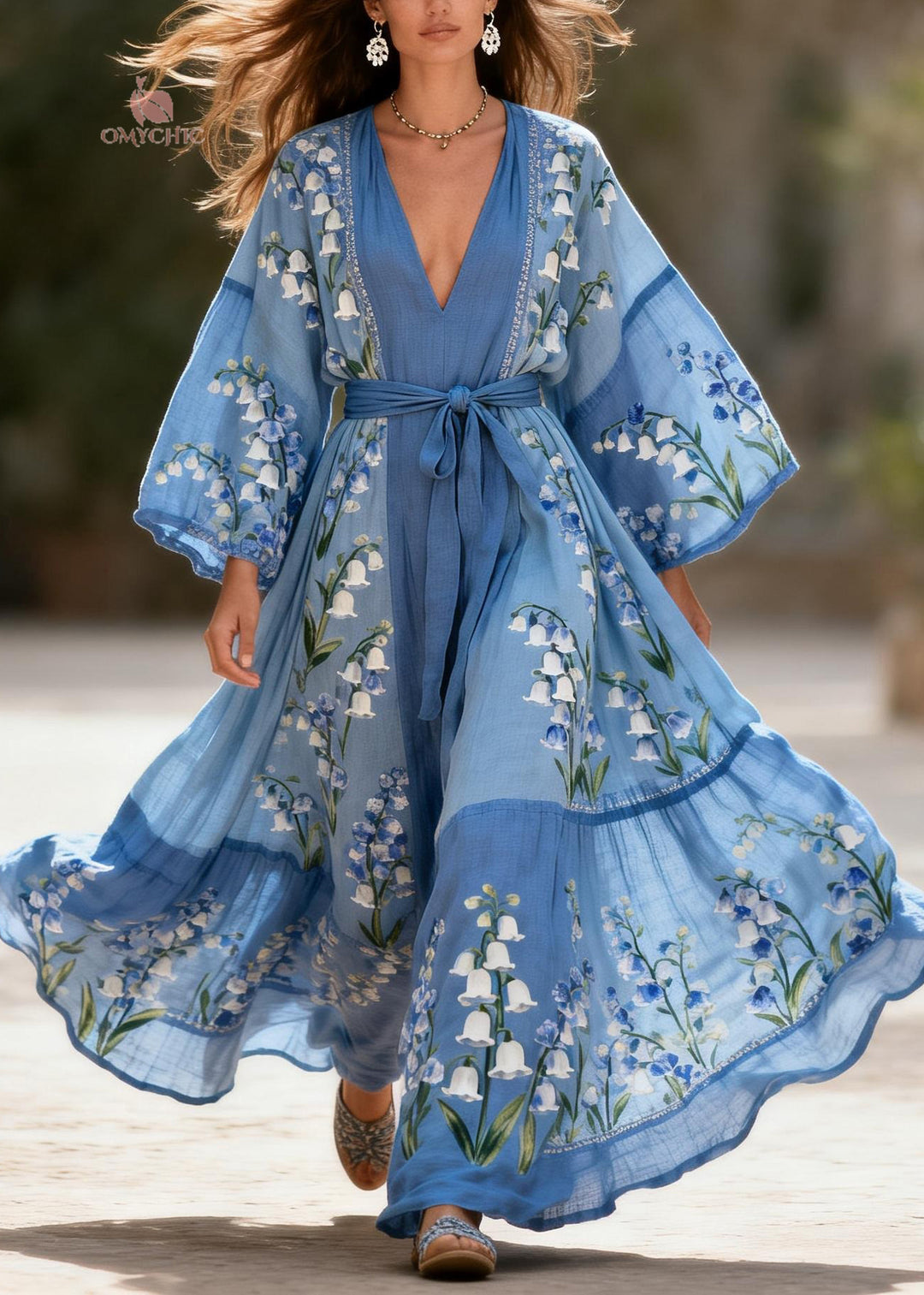 Bohemian Blue V Neck Print Patchwork Cotton Robe Dresses Summer