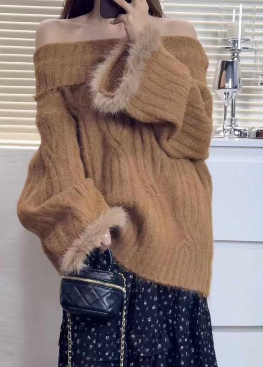 Bohemian Brown Cold Shoulder Patchwork Faux Fur Knitted Tops Winter