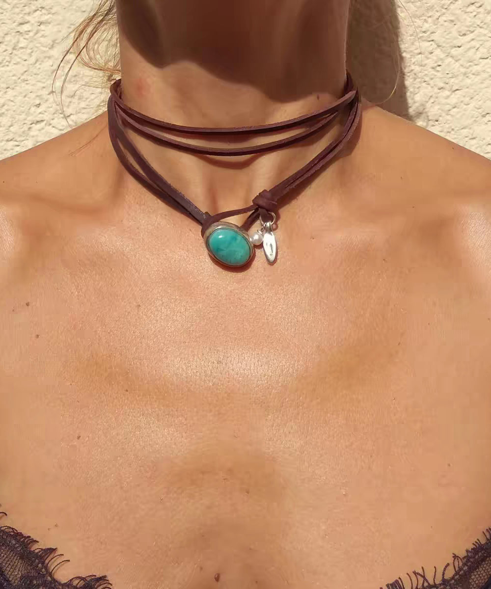 Bohemian Brown Leather Turquoise Pearl Necklace - Omychic