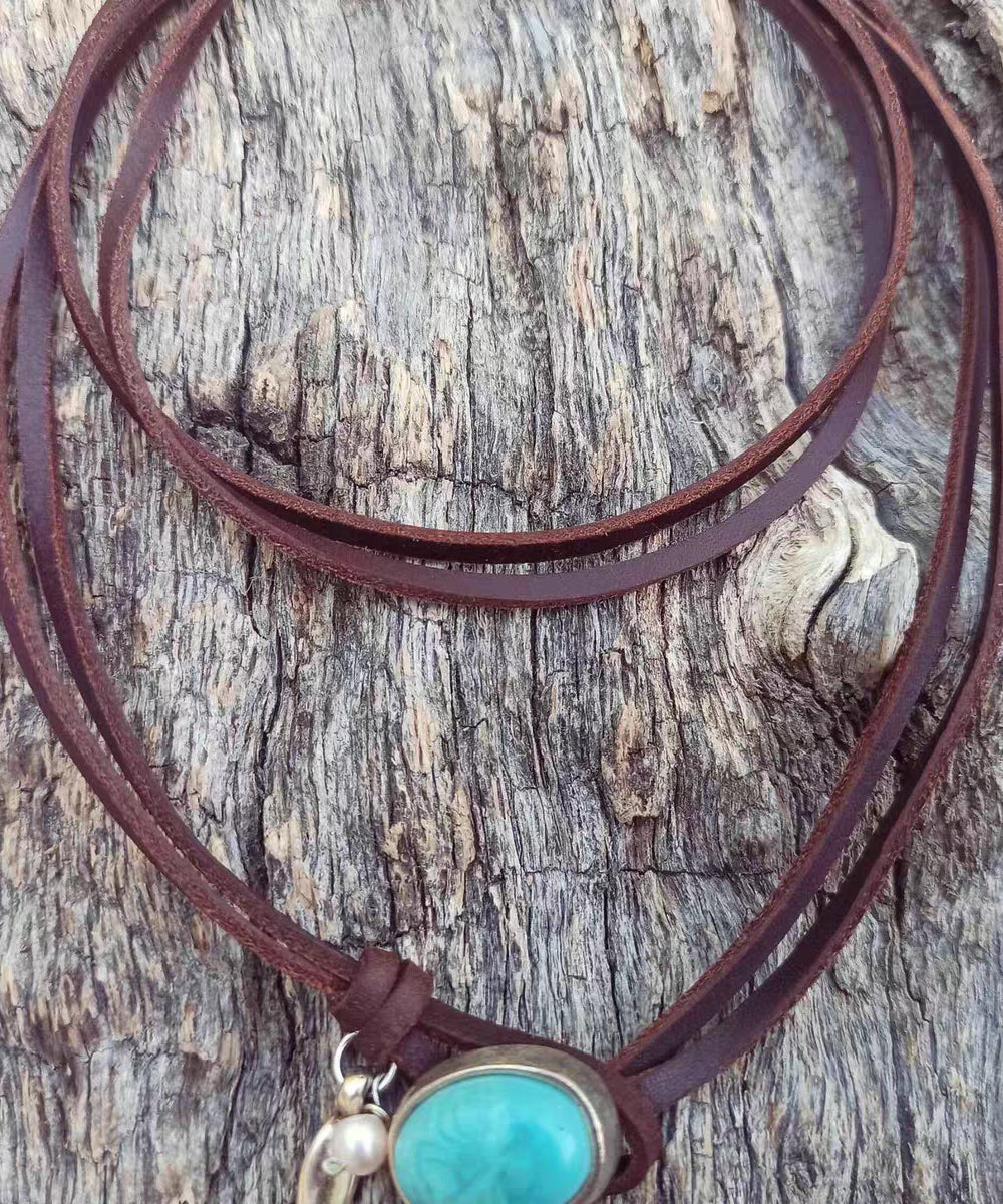 Bohemian Brown Leather Turquoise Pearl Necklace - Omychic
