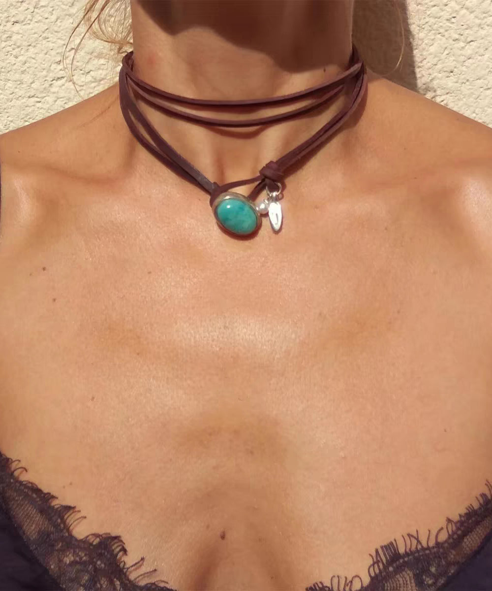 Bohemian Brown Leather Turquoise Pearl Necklace - Omychic