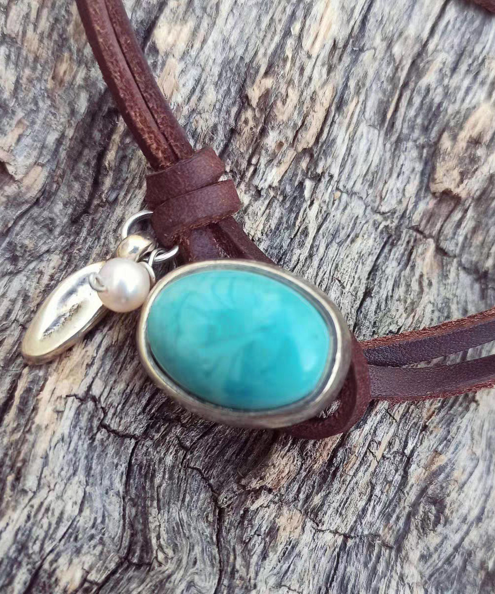 Bohemian Brown Leather Turquoise Pearl Necklace - Omychic