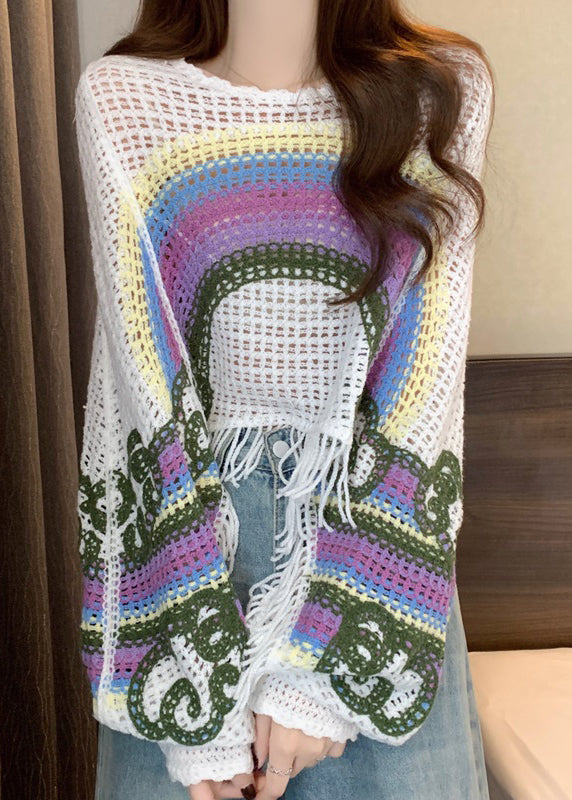 Bohemian Brown O-Neck Tassel Patchwork Knit Tops Fall