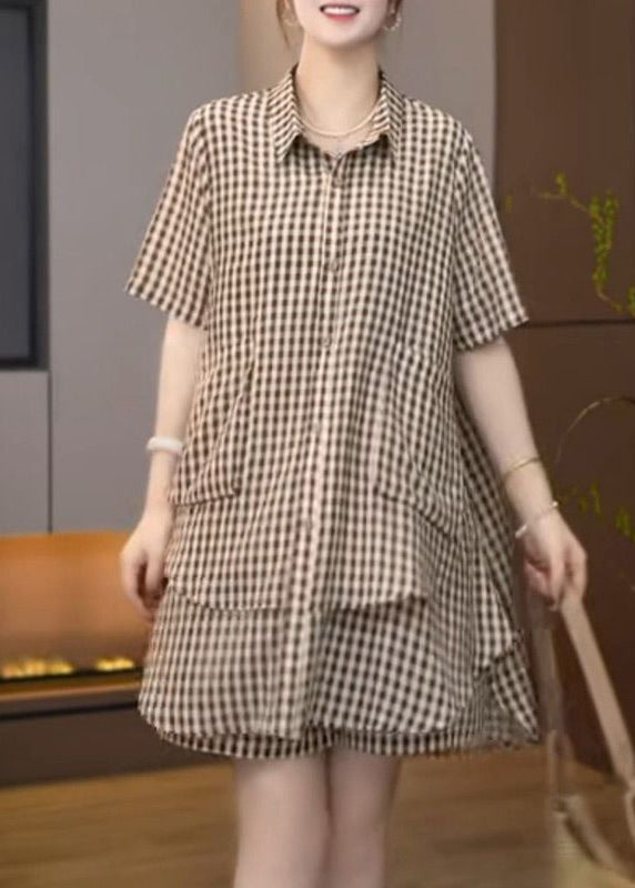 Bohemian Brown Oversized Plaid Cotton Two Pieces Set Summer