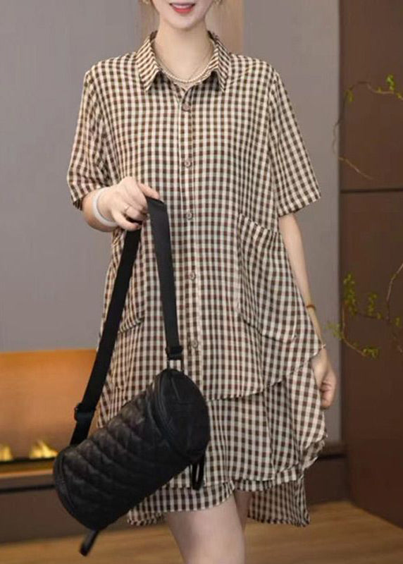 Bohemian Brown Oversized Plaid Cotton Two Pieces Set Summer