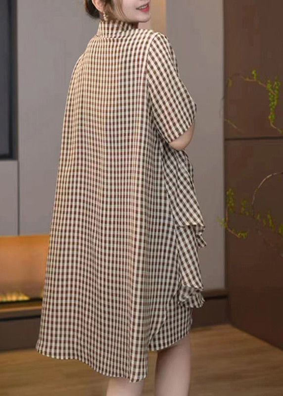 Bohemian Brown Oversized Plaid Cotton Two Pieces Set Summer