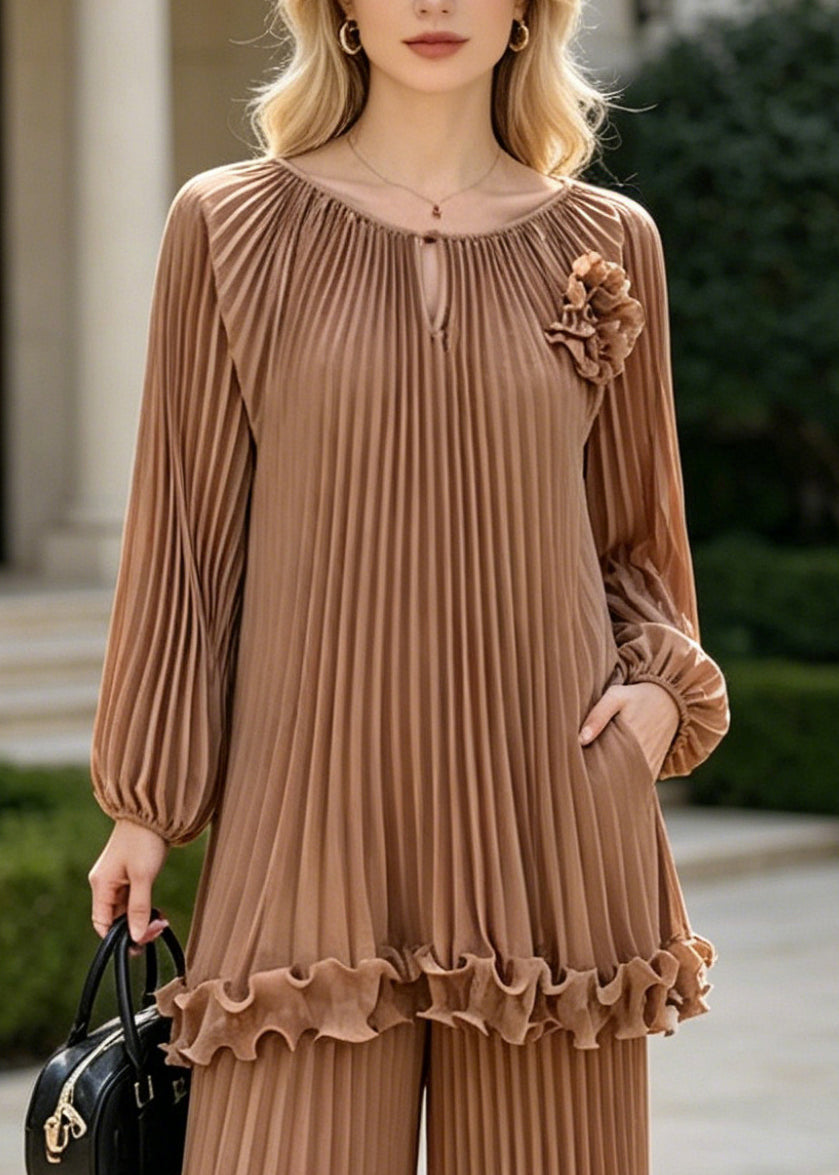 Bohemian Brown Oversized Wrinkled Chiffon Two Pieces Set Spring