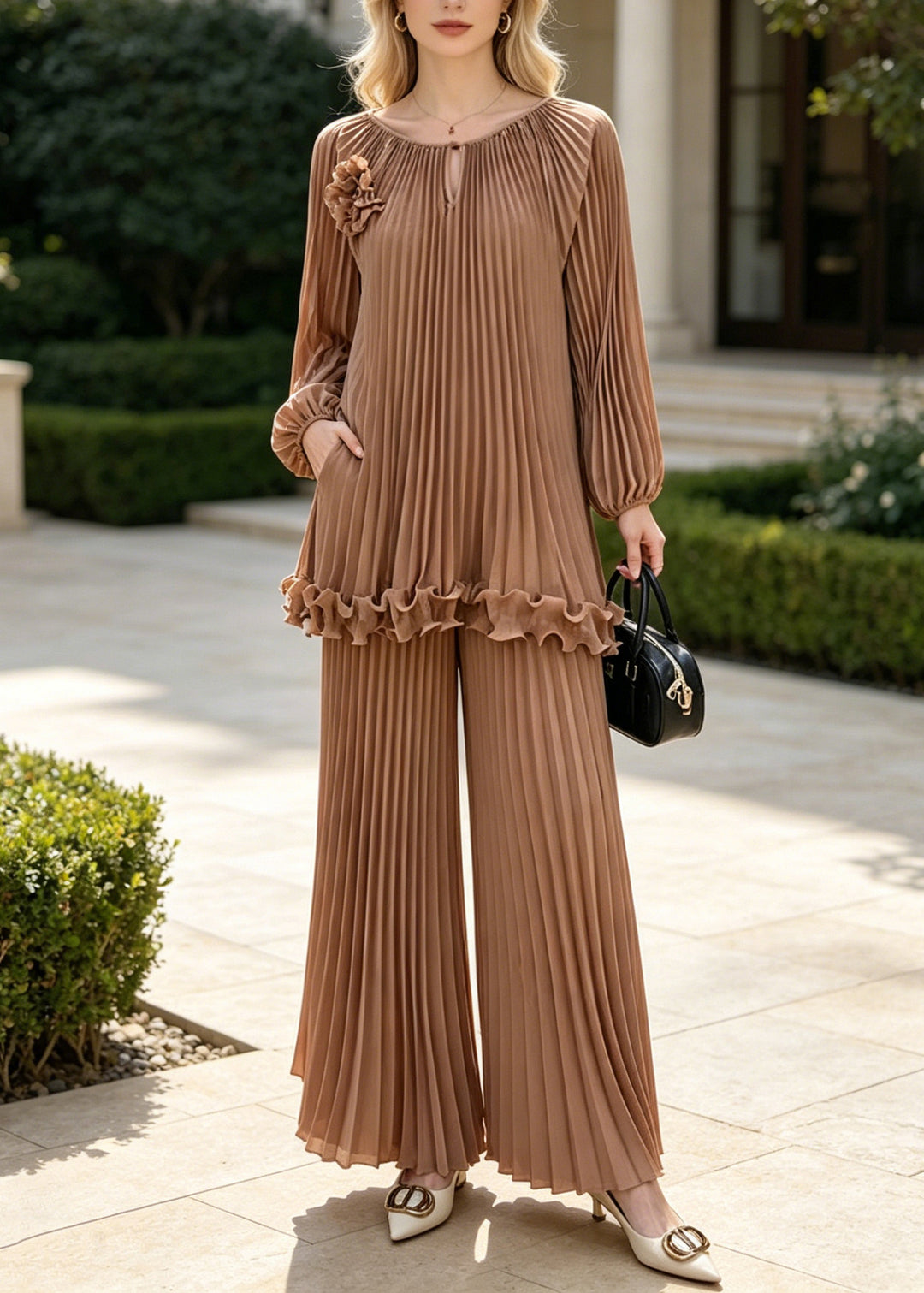 Bohemian Brown Oversized Wrinkled Chiffon Two Pieces Set Spring