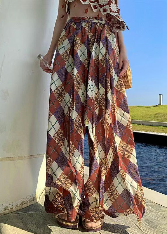 Bohemian Brown Print Side Open Chiffon Wide Leg Pants Summer