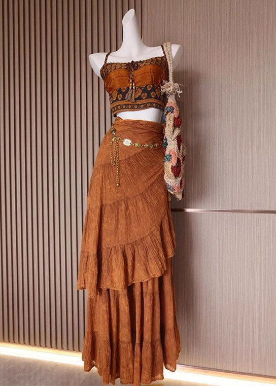 Bohemian Brown Print Tank And Skirts Cotton 2 Piece Outfit Sleeveless