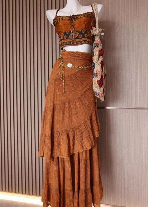Bohemian Brown Print Tank And Skirts Cotton 2 Piece Outfit Sleeveless