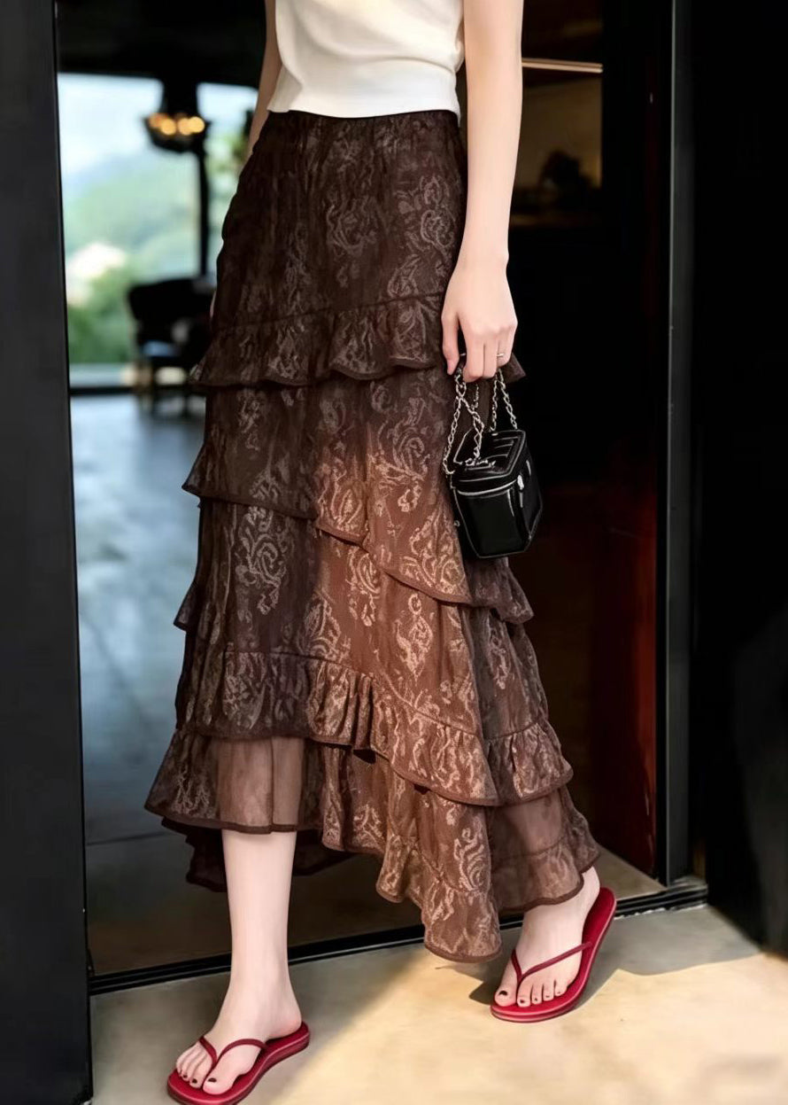 Bohemian Brown Ruffled Asymmetrical Elastic Waist Skirts Summer