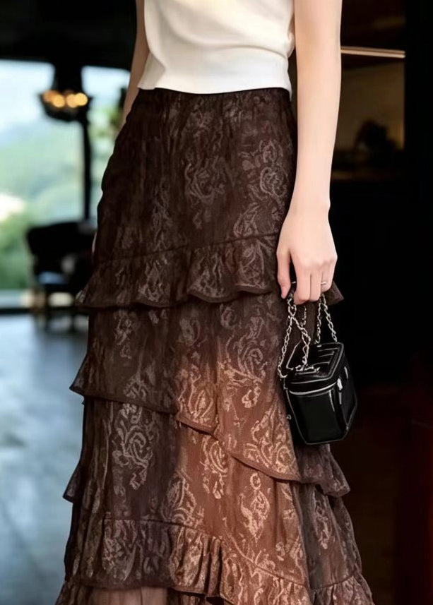 Bohemian Brown Ruffled Asymmetrical Elastic Waist Skirts Summer