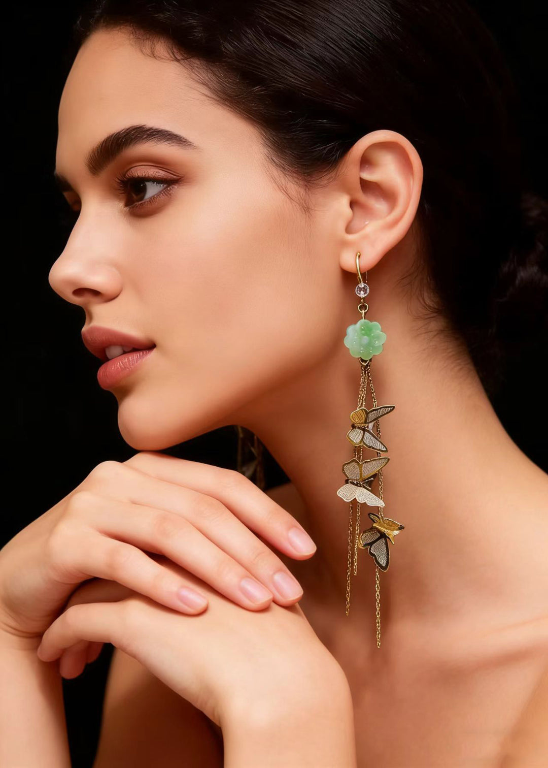 Bohemian Butterfly Tassels Fine Jade Drop Earrings