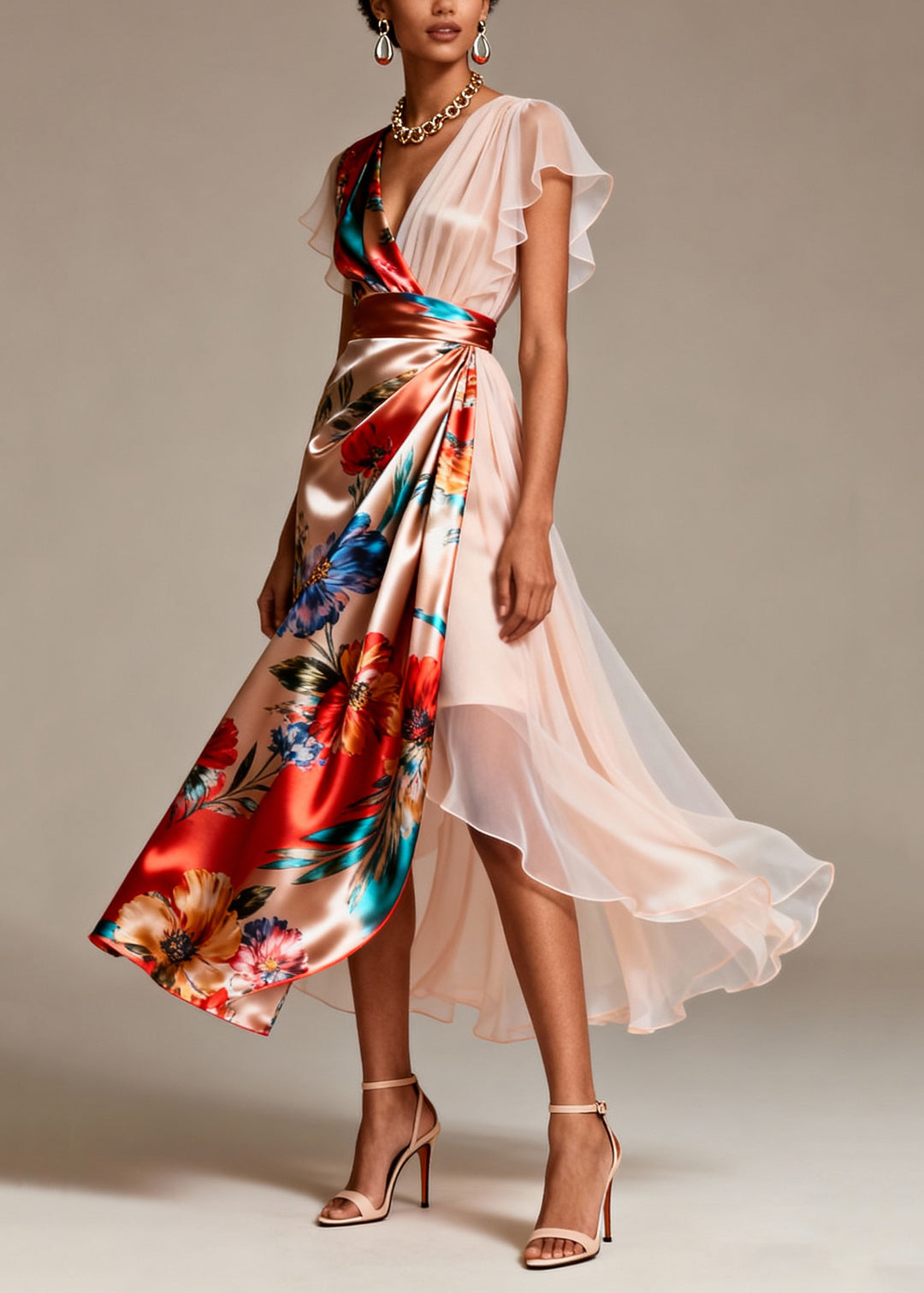 Bohemian Champagne Asymmetrical Print Silk Evening Dress Butterfly Sleeve