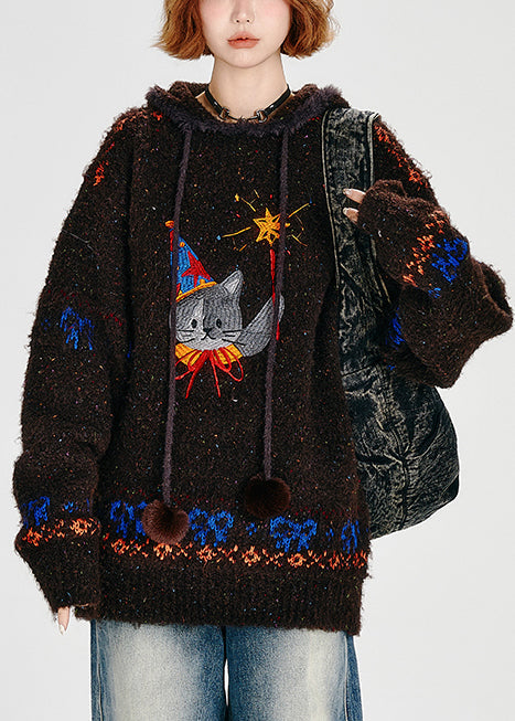 Bohemian Choaolate Hooded Cat Embroidered Knit Loose Sweatshirt Winter