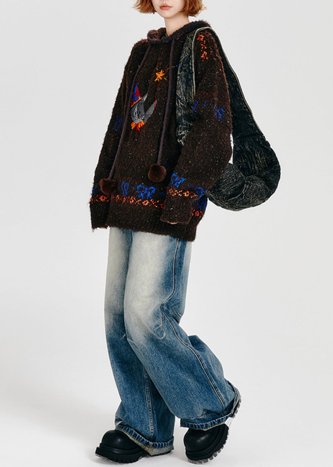 Bohemian Choaolate Hooded Cat Embroidered Knit Loose Sweatshirt Winter